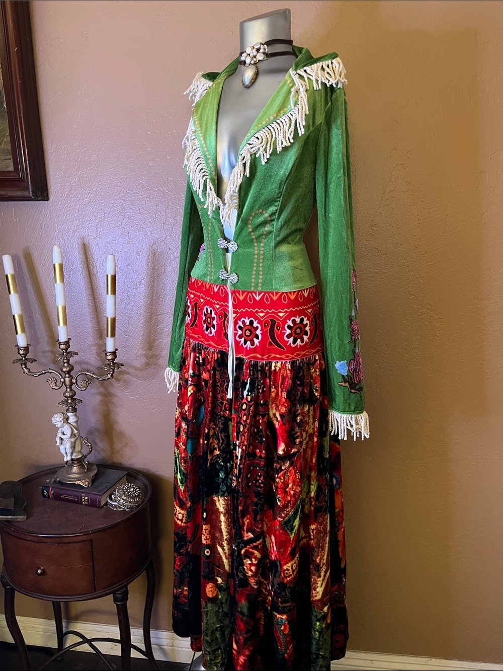 URSIME Green Velvet Fringe Maxi Boho Coat Dress.  Sz S